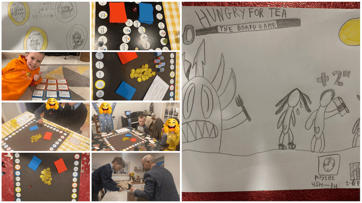 A collage of early Hungry for Tea prototypes and playtests